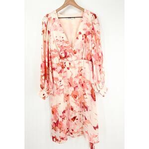 NWT Pink Cream Coral Floral V-Neck Midi Dress Blouson Sleeve Size Medium Spring
